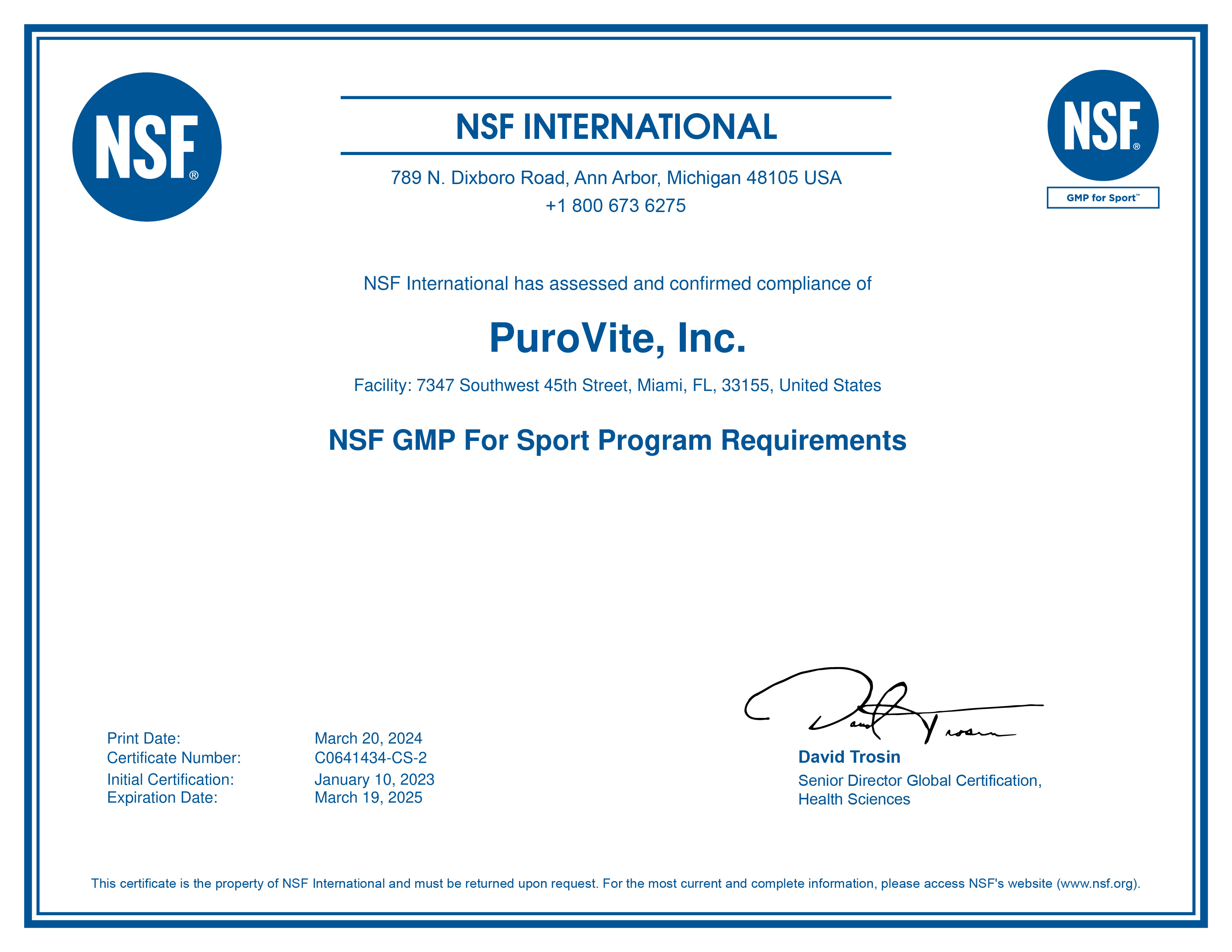 NSF-GMP for Sport Certificate